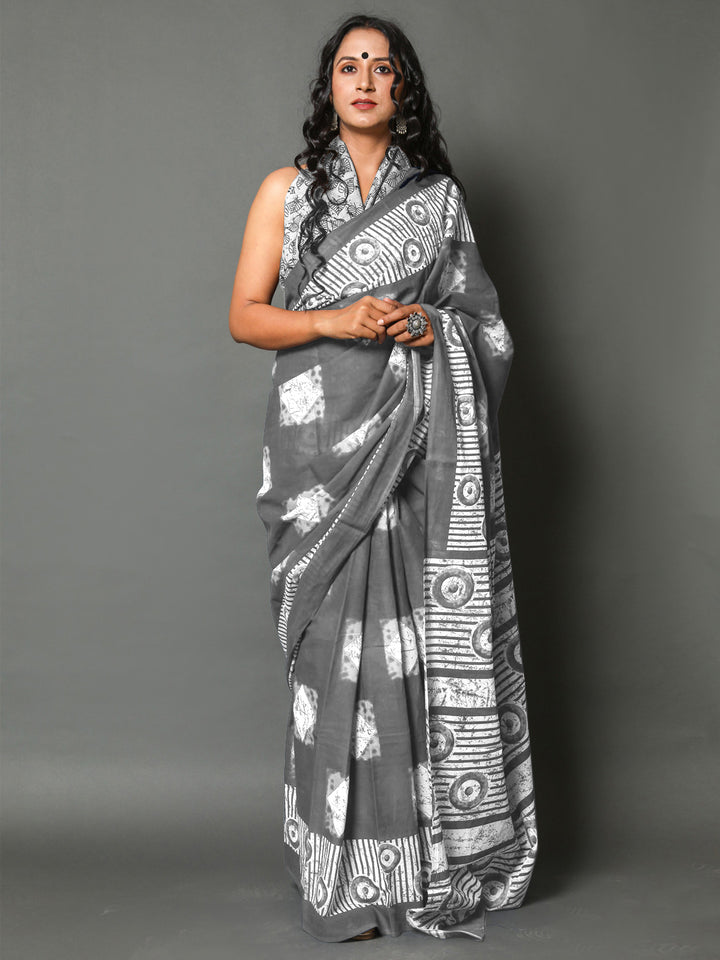 Buta Buti Grey Colour Geometric Printed Pure Cotton Saree