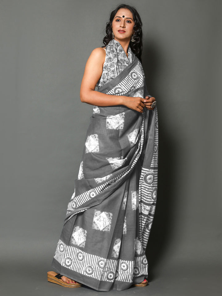 Buta Buti Grey Colour Geometric Printed Pure Cotton Saree