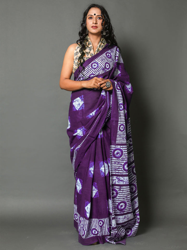 Buta Buti Purple Colour Geometric Printed Pure Cotton Saree