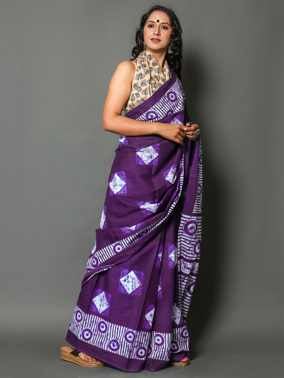 Buta Buti Purple Colour Geometric Printed Pure Cotton Saree