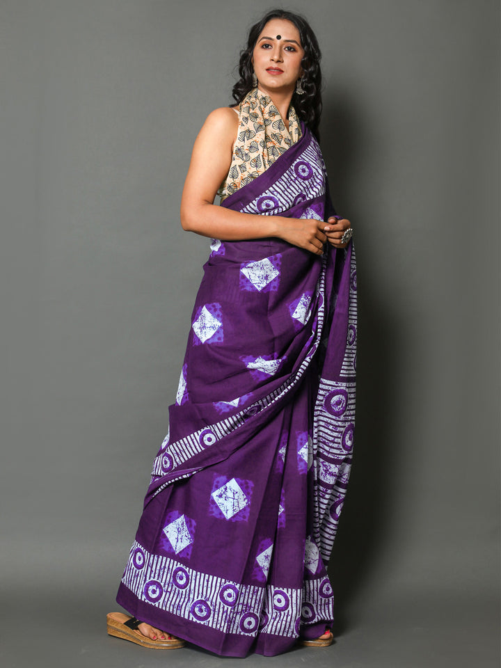 Buta Buti Purple Colour Geometric Printed Pure Cotton Saree