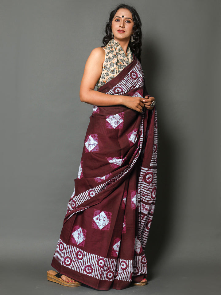 Buta Buti Maroon Colour Geometric Printed Pure Cotton Saree