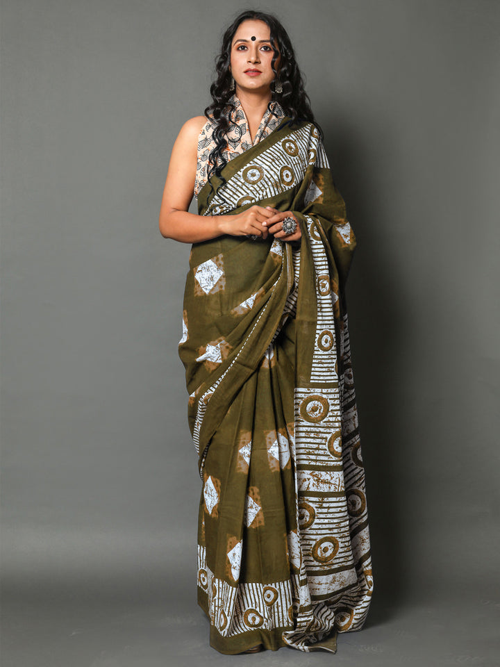 Buta Buti Olive Colour Geometric Printed Pure Cotton Saree