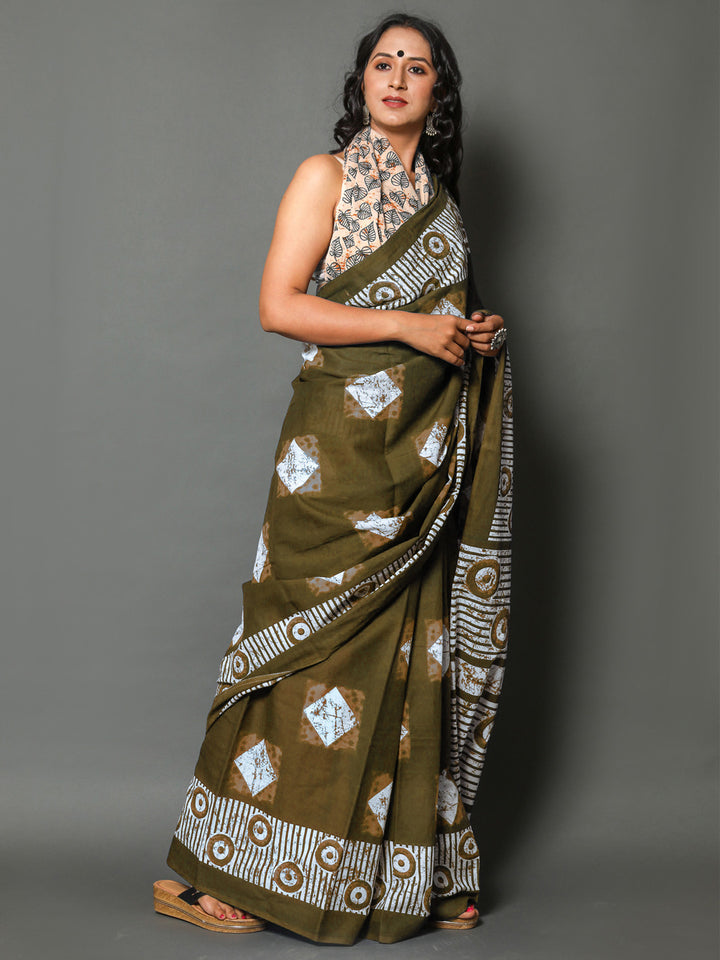 Buta Buti Olive Colour Geometric Printed Pure Cotton Saree