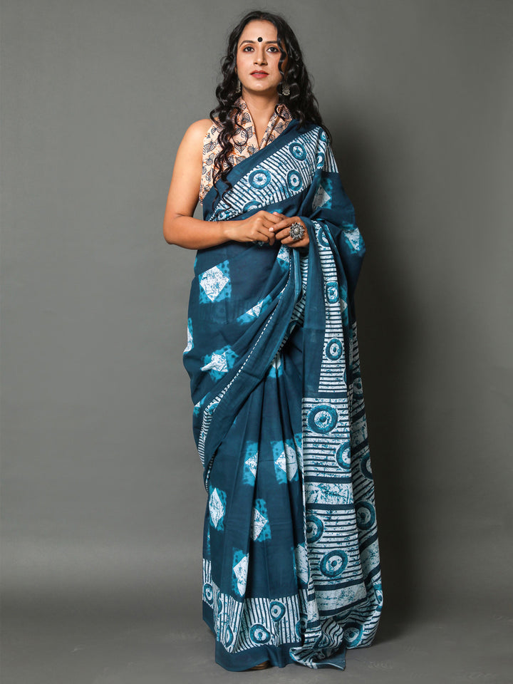 Buta Buti Blue Colour Geometric Printed Pure Cotton Saree