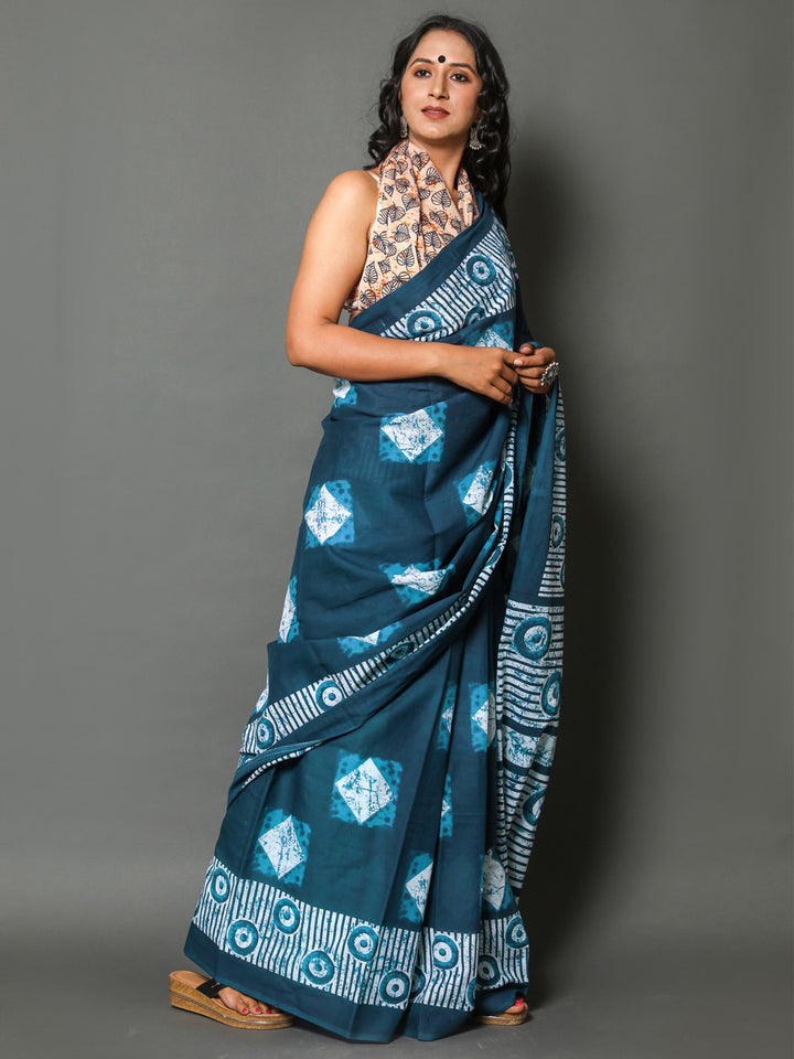 Buta Buti Blue Colour Geometric Printed Pure Cotton Saree