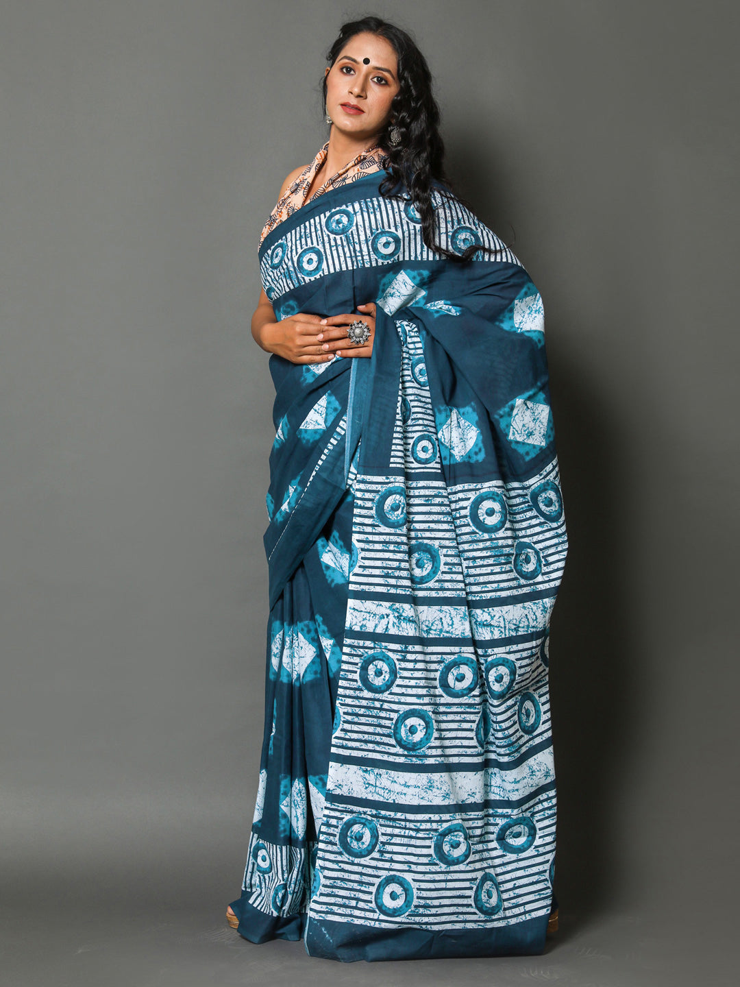 Buta Buti Blue Colour Geometric Printed Pure Cotton Saree