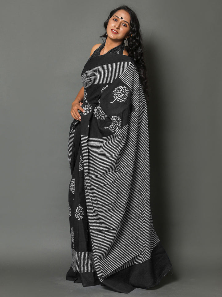 Buta Buti Black Colour Floral Printed Pure Cotton Saree