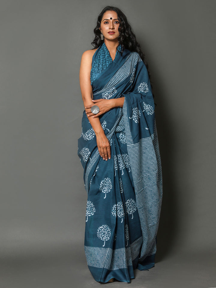 Buta Buti Blue Colour Floral Printed Pure Cotton Saree