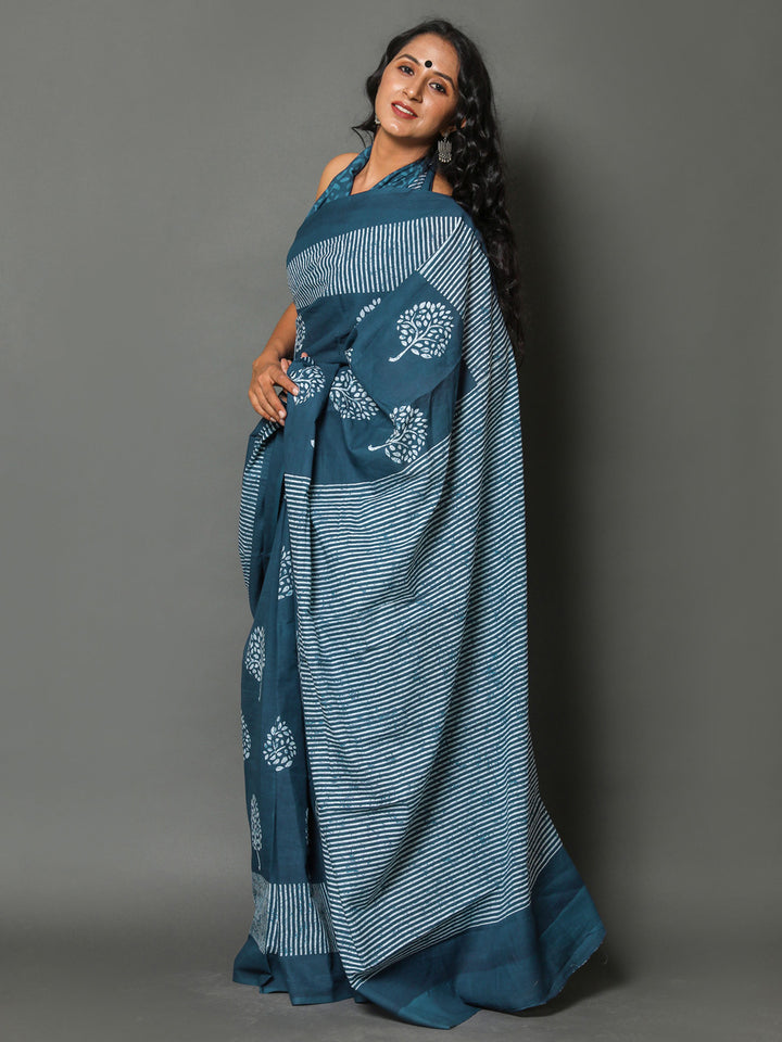 Buta Buti Blue Colour Floral Printed Pure Cotton Saree