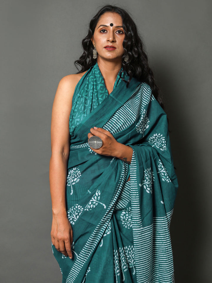 Buta Buti Sea Green Colour Floral Printed Pure Cotton Saree