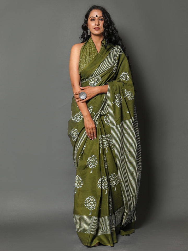 Buta Buti Olive Colour Floral Printed Pure Cotton Saree