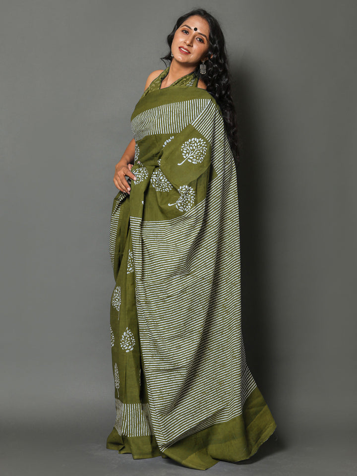 Buta Buti Olive Colour Floral Printed Pure Cotton Saree