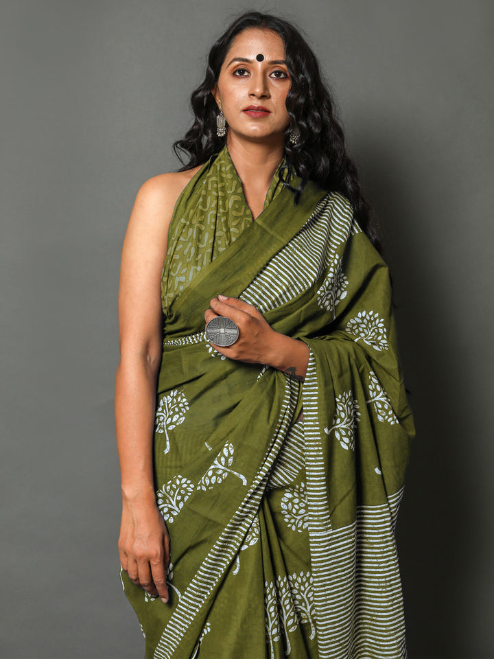 Buta Buti Olive Colour Floral Printed Pure Cotton Saree