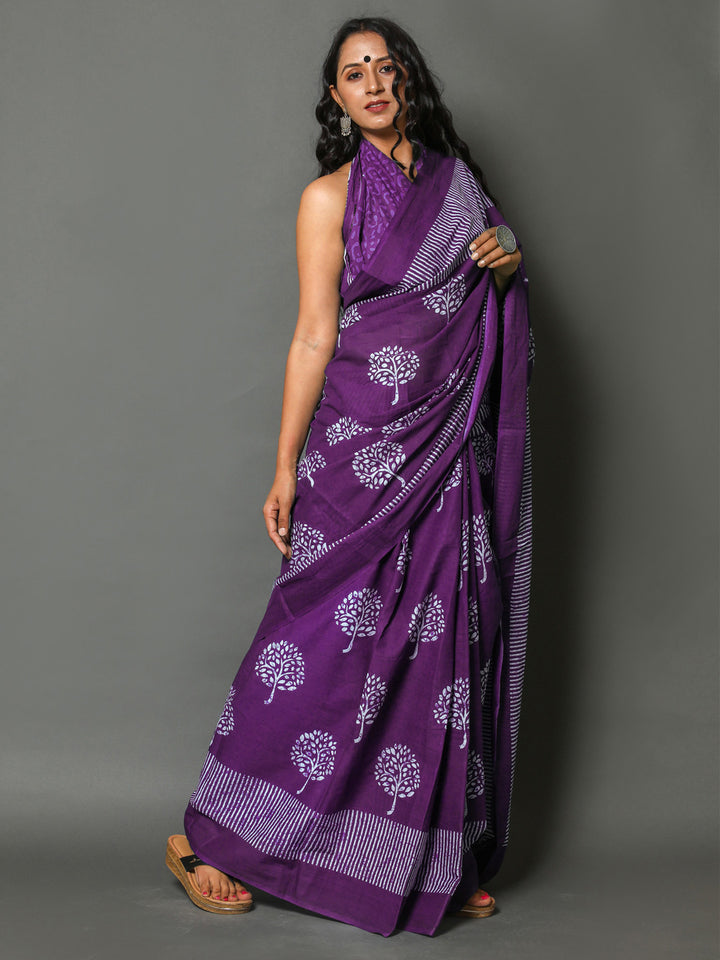 Buta Buti Purple Colour Floral Printed Pure Cotton Saree