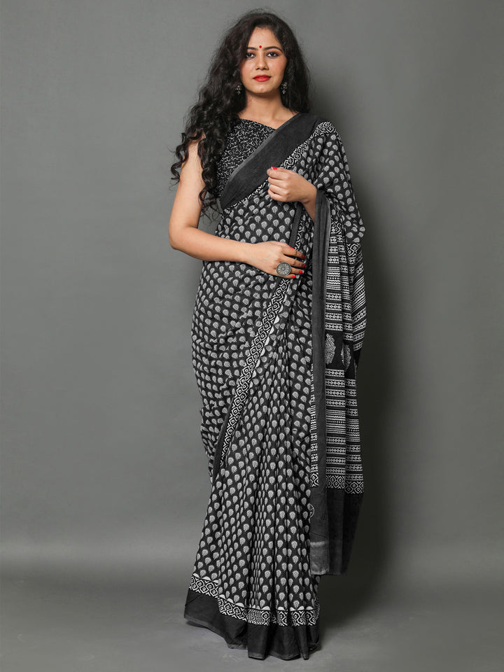 Buta Buti Black Colour Floral Printed Pure Cotton Saree