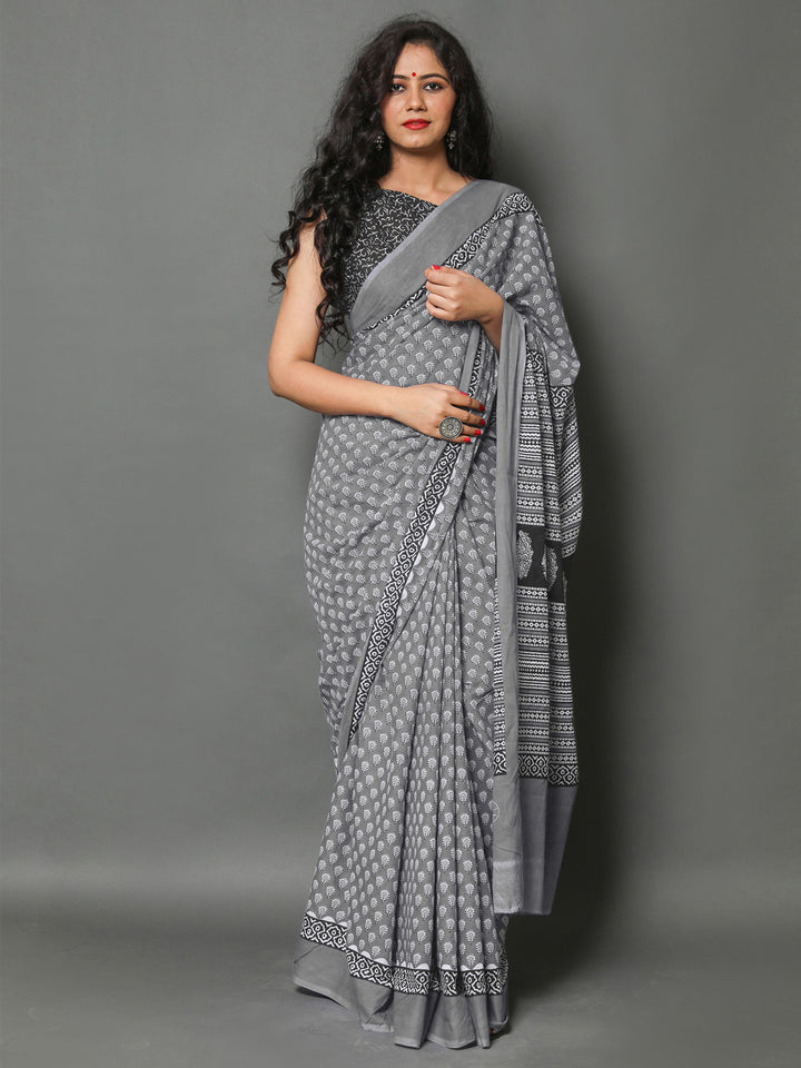 Buta Buti Grey Colour Floral Printed Pure Cotton Saree