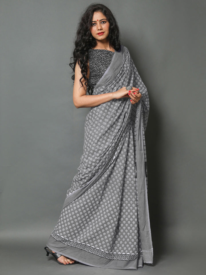 Buta Buti Grey Colour Floral Printed Pure Cotton Saree