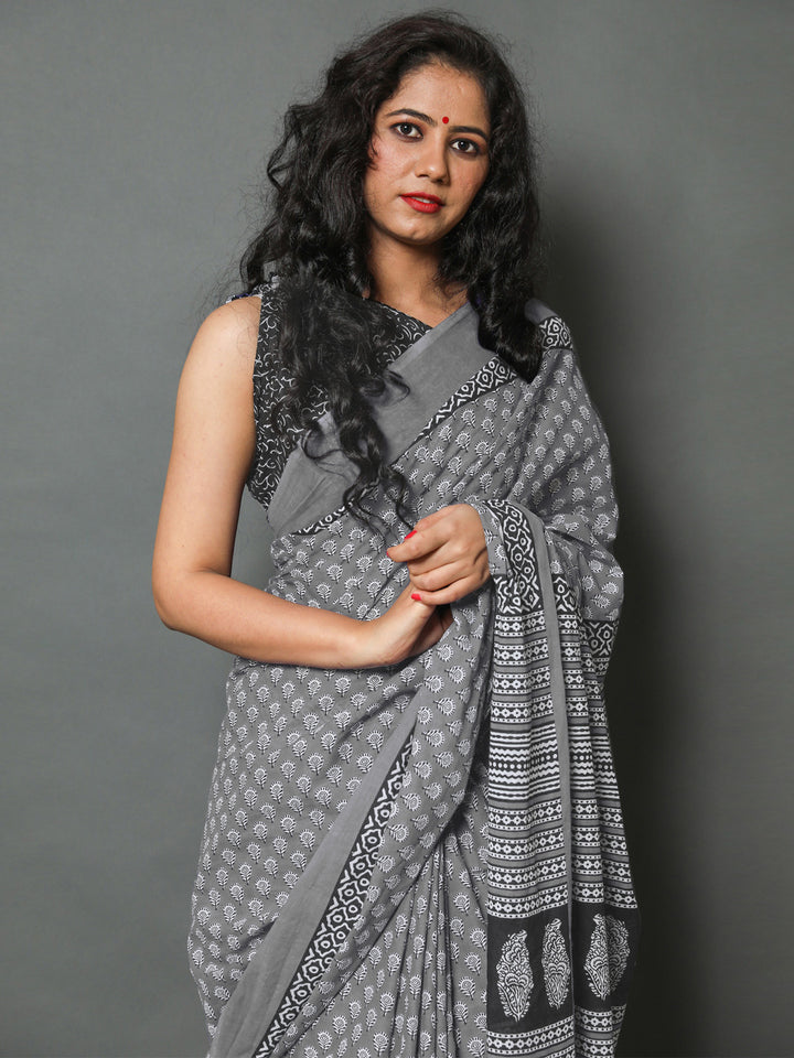 Buta Buti Grey Colour Floral Printed Pure Cotton Saree