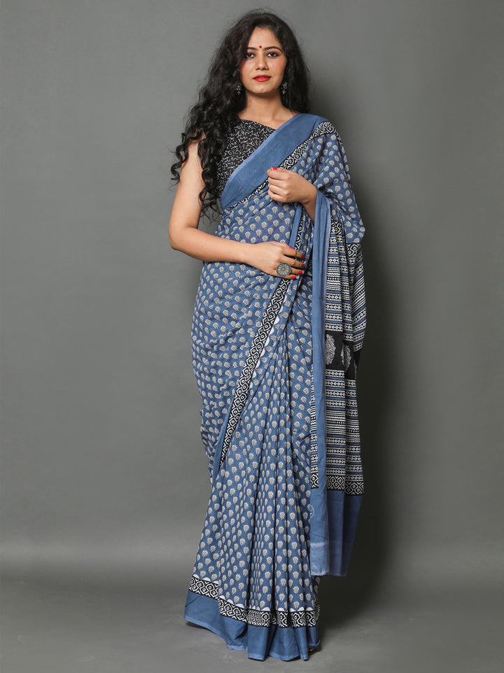 Buta Buti Blue Colour Floral Printed Pure Cotton Saree