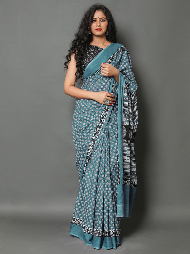 Buta Buti Sea Green Colour Floral Printed Pure Cotton Saree