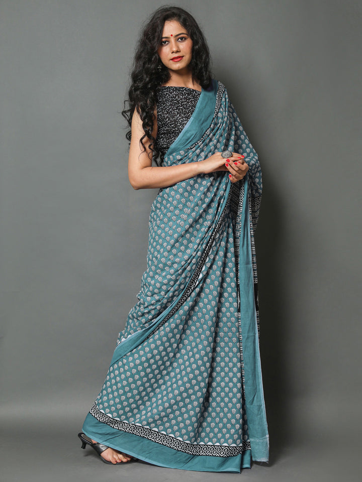 Buta Buti Sea Green Colour Floral Printed Pure Cotton Saree