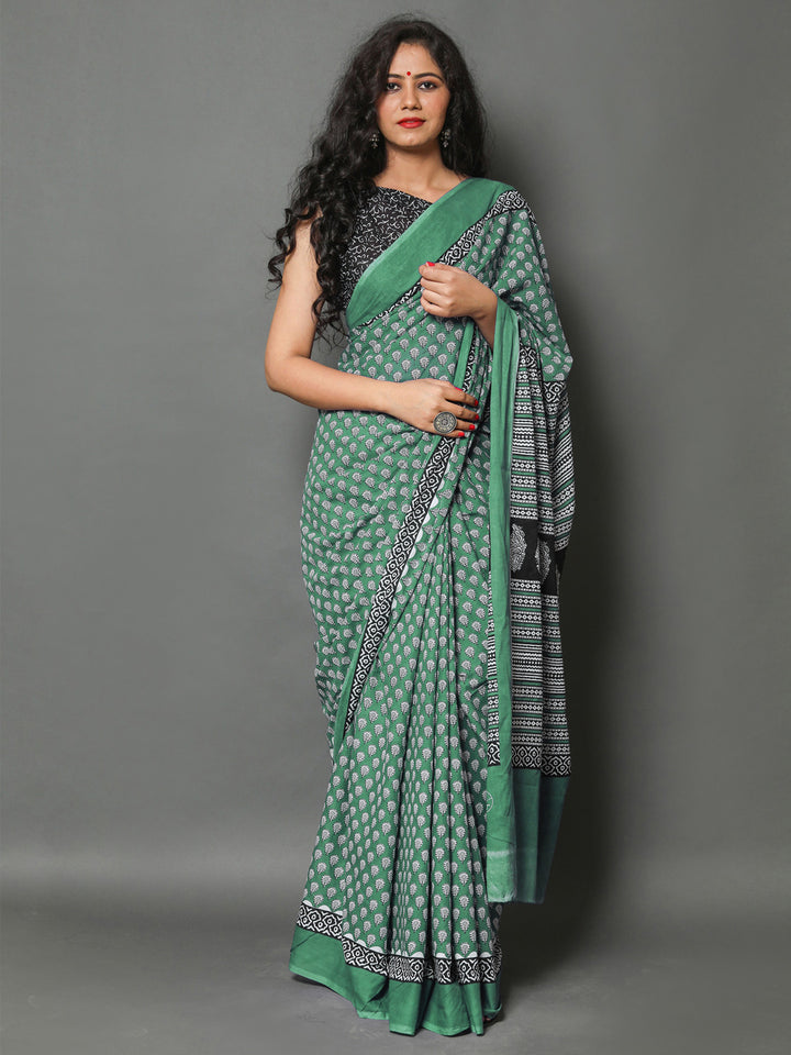 Buta Buti Green Colour Floral Printed Pure Cotton Saree