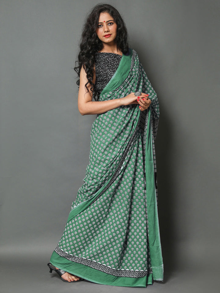 Buta Buti Green Colour Floral Printed Pure Cotton Saree