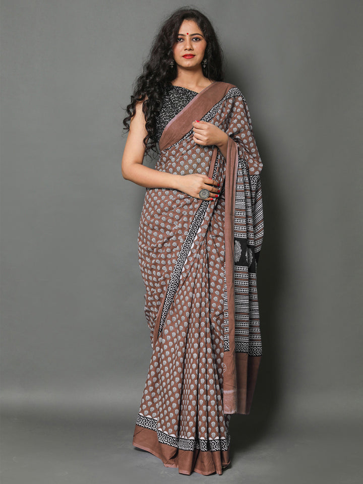 Buta Buti Rust Colour Floral Printed Pure Cotton Saree