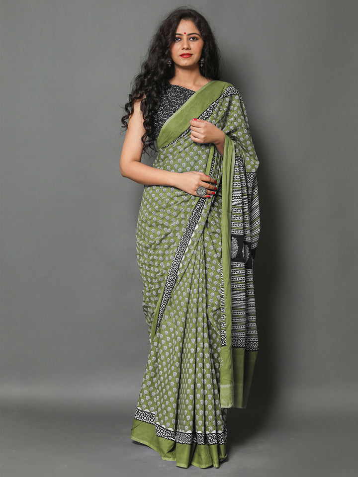 Buta Buti Olive Colour Geometric Printed Pure Cotton Saree