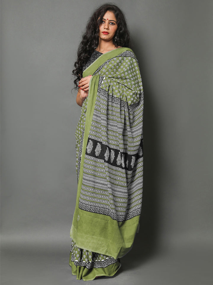 Buta Buti Olive Colour Geometric Printed Pure Cotton Saree