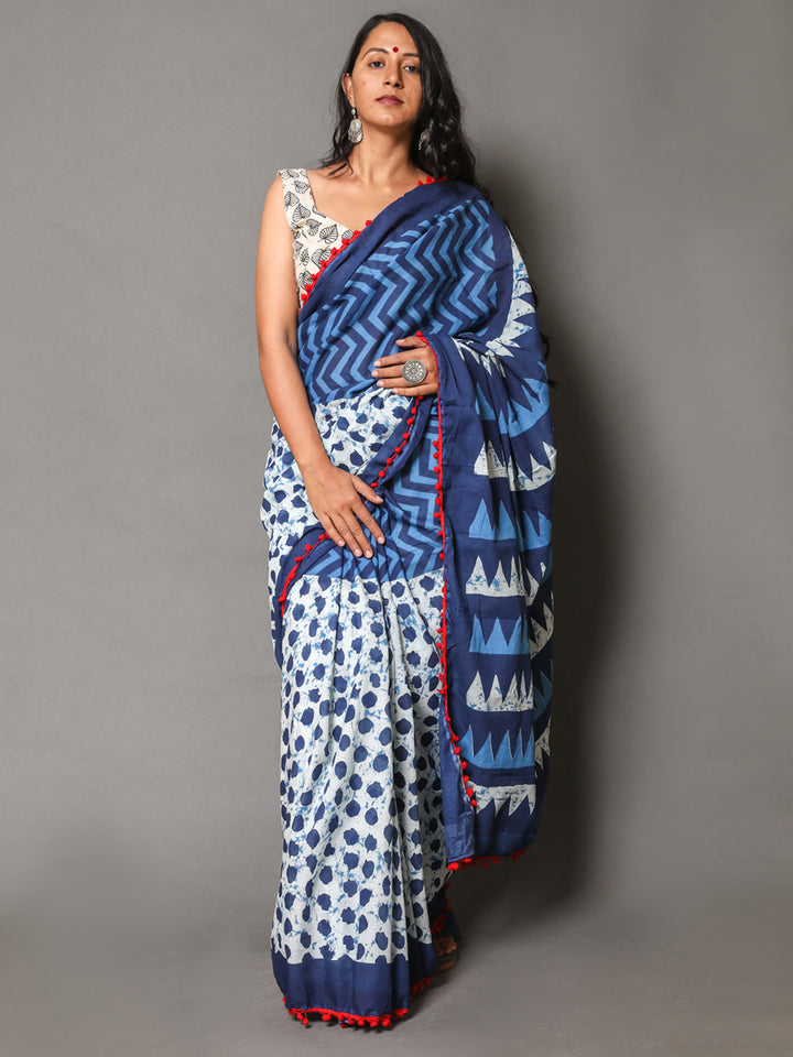 Buta Buti Blue & White Printed Pure Cotton Saree