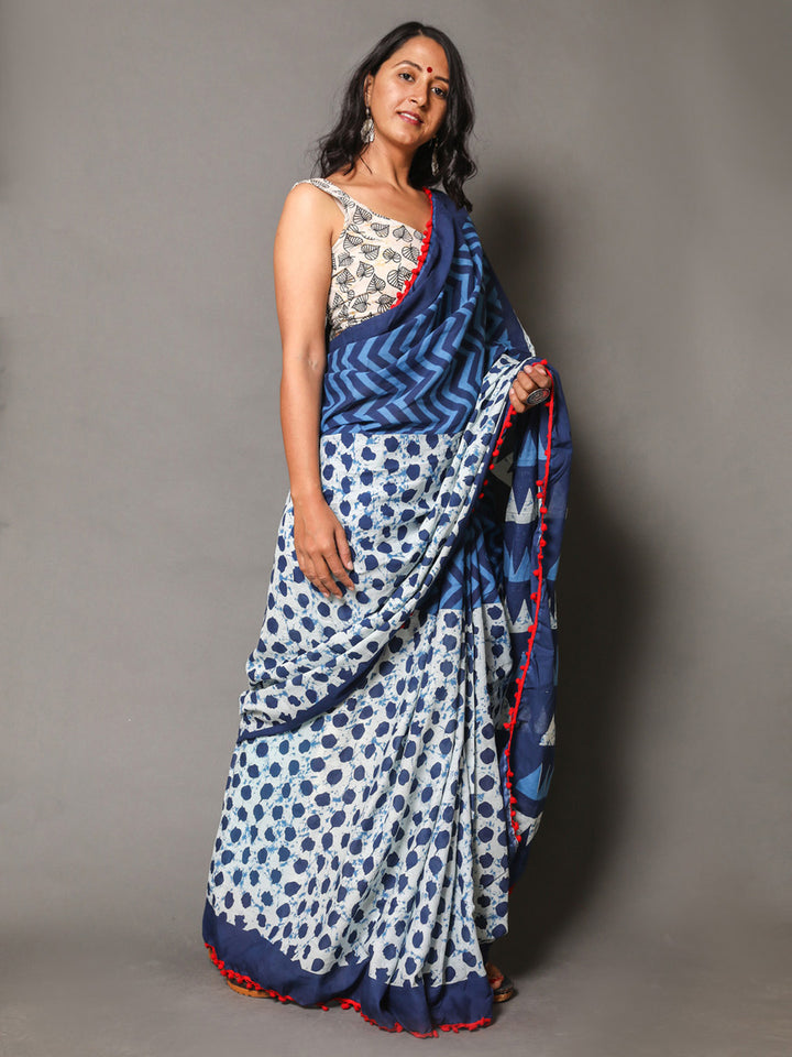 Buta Buti Blue & White Printed Pure Cotton Saree