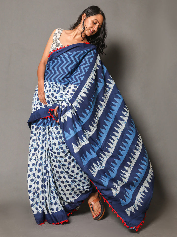 Buta Buti Blue & White Printed Pure Cotton Saree