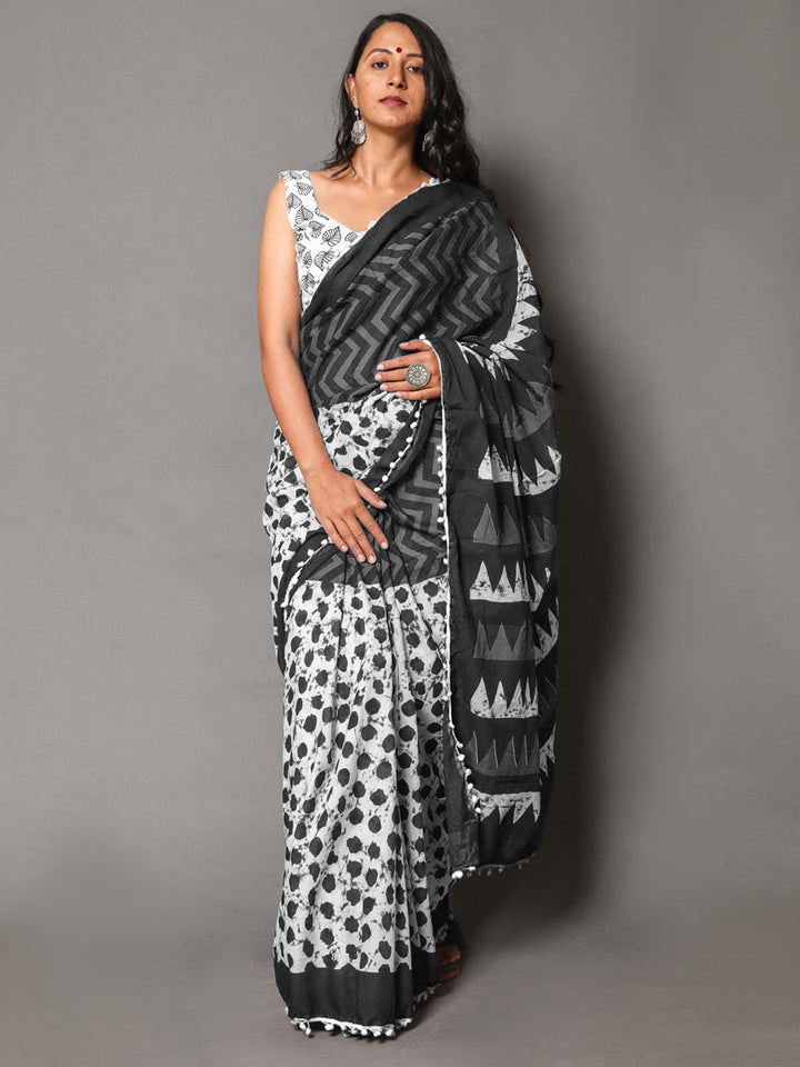 Buta Buti Black Colour Geometric Printed Pure Cotton Saree