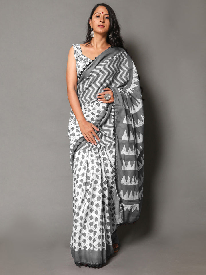 Buta Buti Grey Colour Geometric Printed Pure Cotton Saree