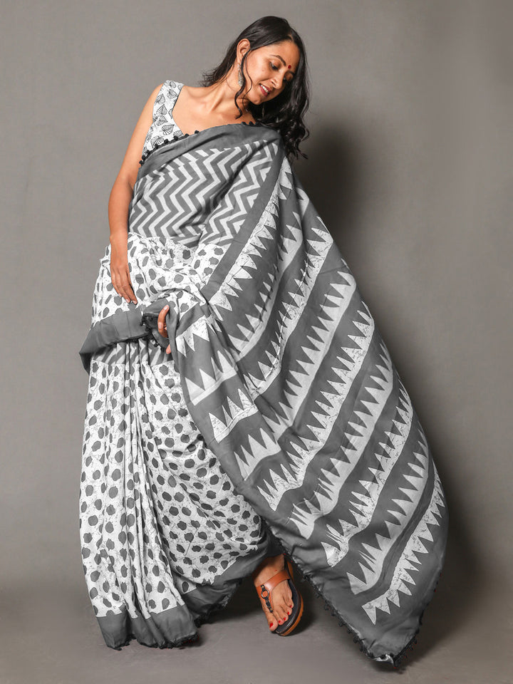 Buta Buti Grey Colour Geometric Printed Pure Cotton Saree