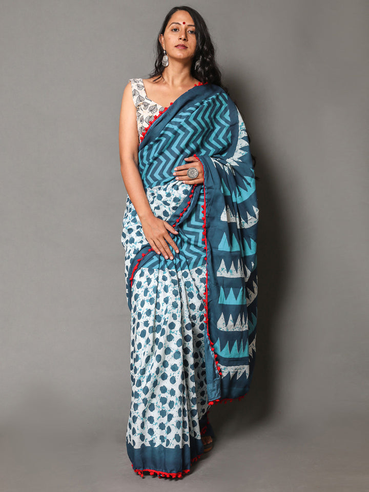 Buta Buti Blue Colour Geometric Printed Pure Cotton Saree