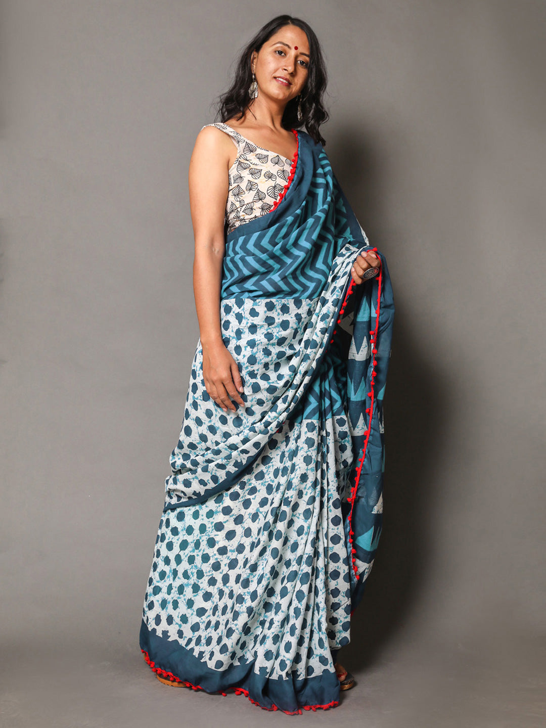 Buta Buti Blue Colour Geometric Printed Pure Cotton Saree