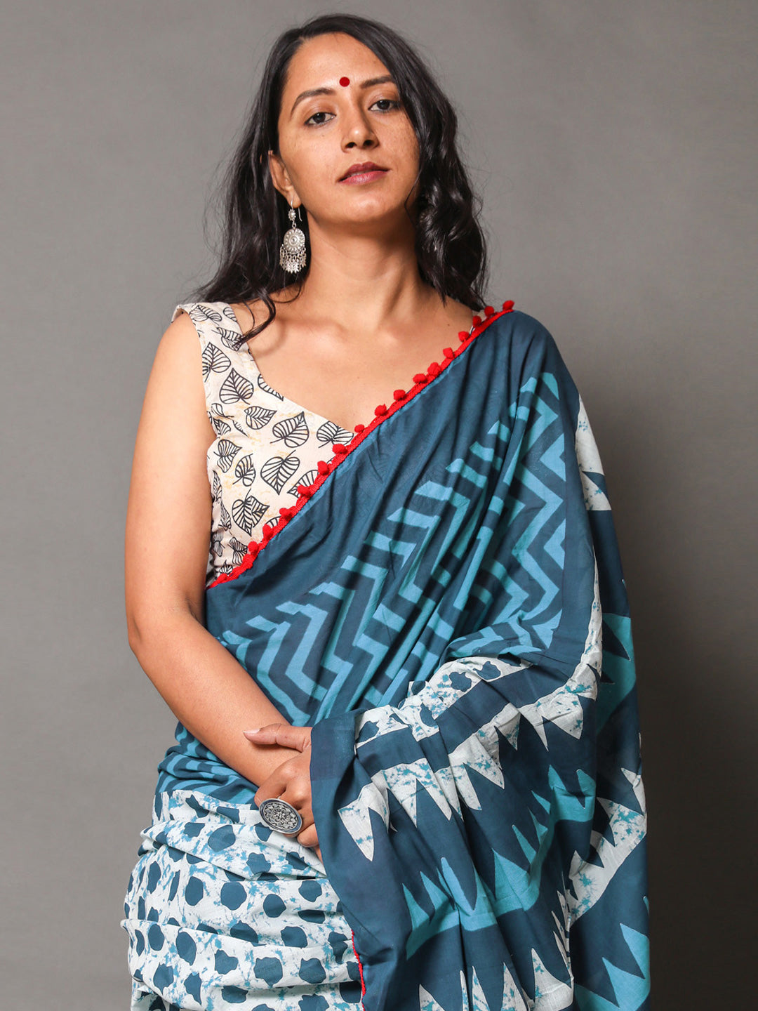 Buta Buti Blue Colour Geometric Printed Pure Cotton Saree