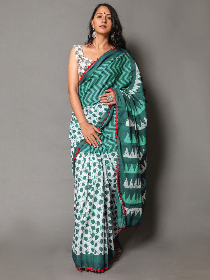 Buta Buti Green Colour Geometric Printed Pure Cotton Saree