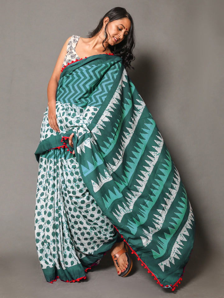 Buta Buti Green Colour Geometric Printed Pure Cotton Saree