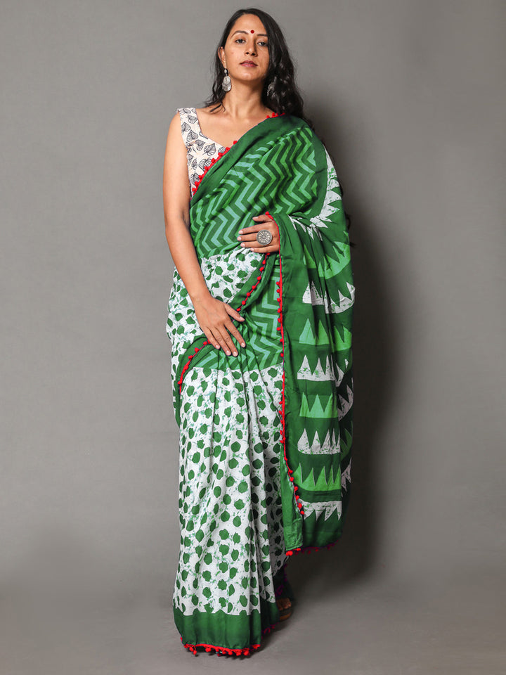 Buta Buti Green Colour Geometric Printed Pure Cotton Saree