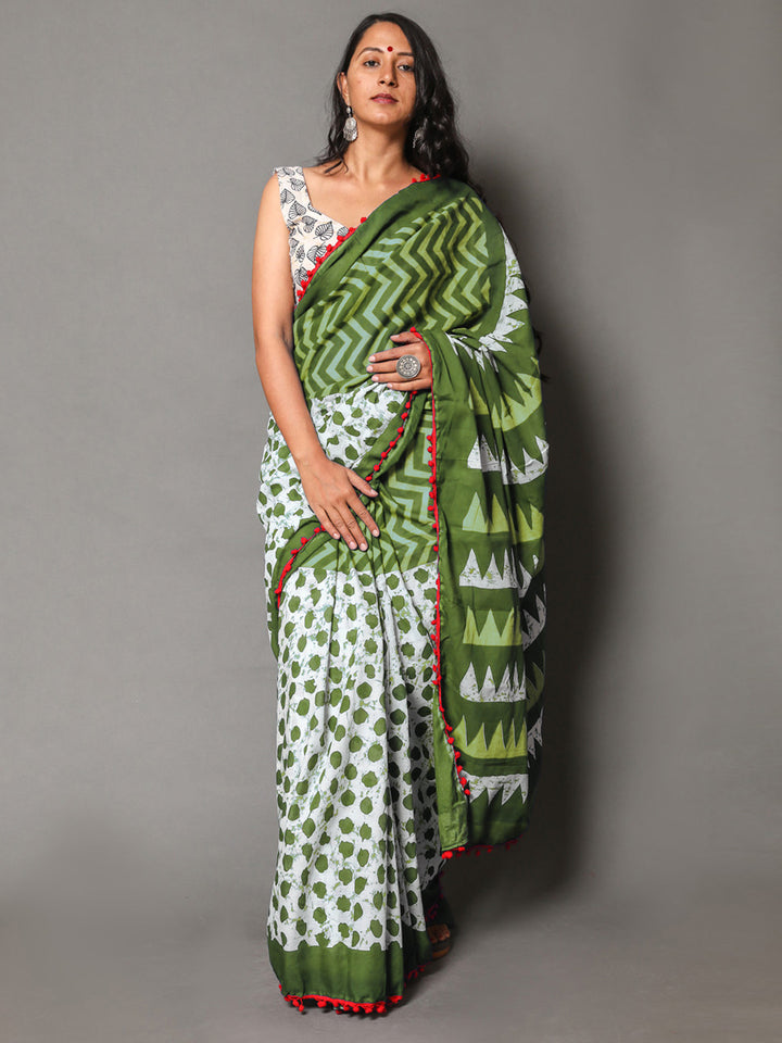 Buta Buti Olive Colour Geometric Printed Pure Cotton Saree