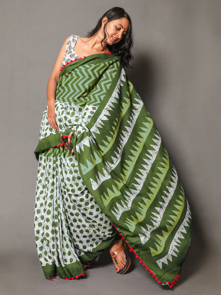 Buta Buti Olive Colour Geometric Printed Pure Cotton Saree