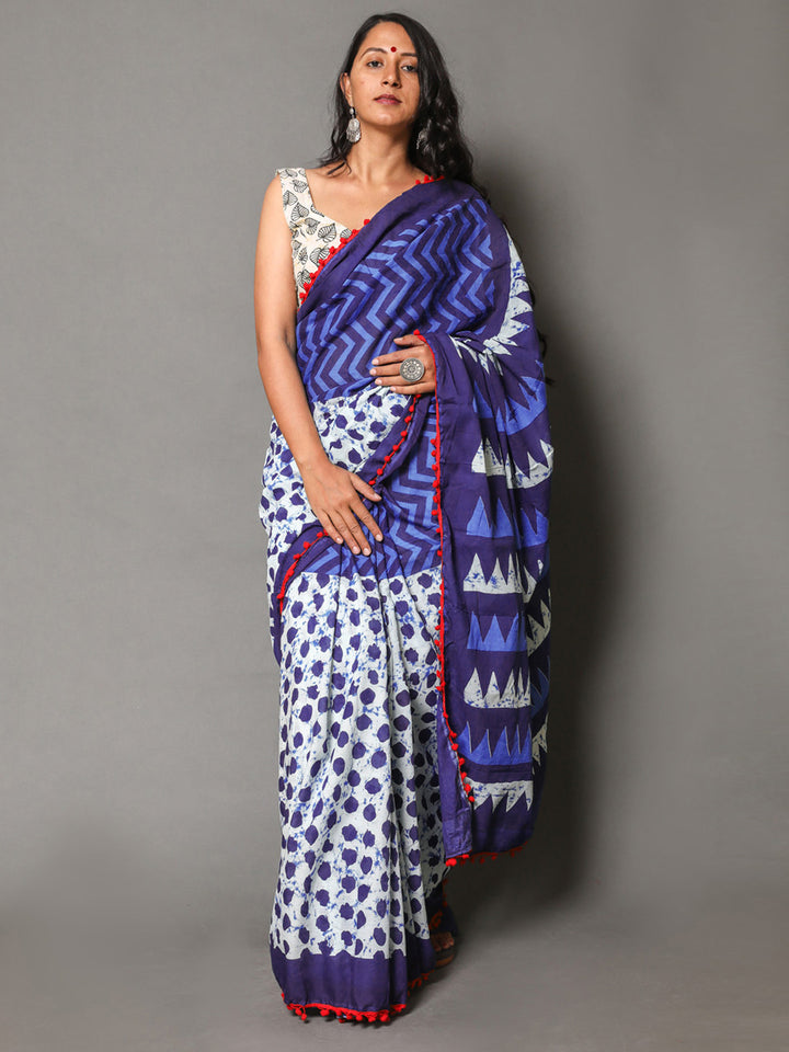 Buta Buti Navy Blue Colour Geometric Printed Pure Cotton Saree