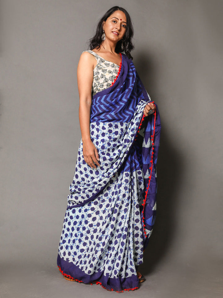 Buta Buti Navy Blue Colour Geometric Printed Pure Cotton Saree