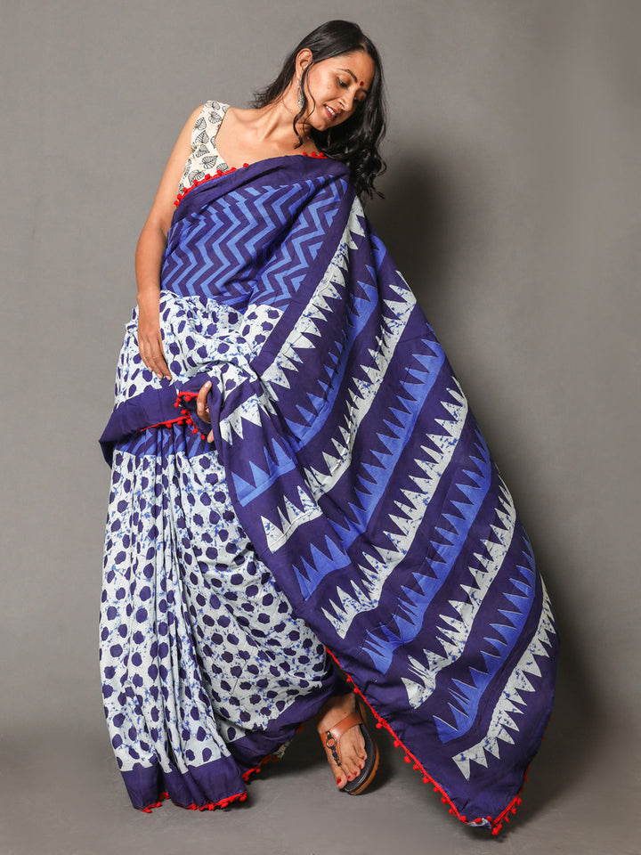 Buta Buti Navy Blue Colour Geometric Printed Pure Cotton Saree