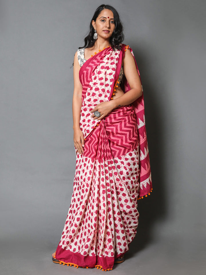 Buta Buti White & Pink Floral Pure Cotton Fusion Saree