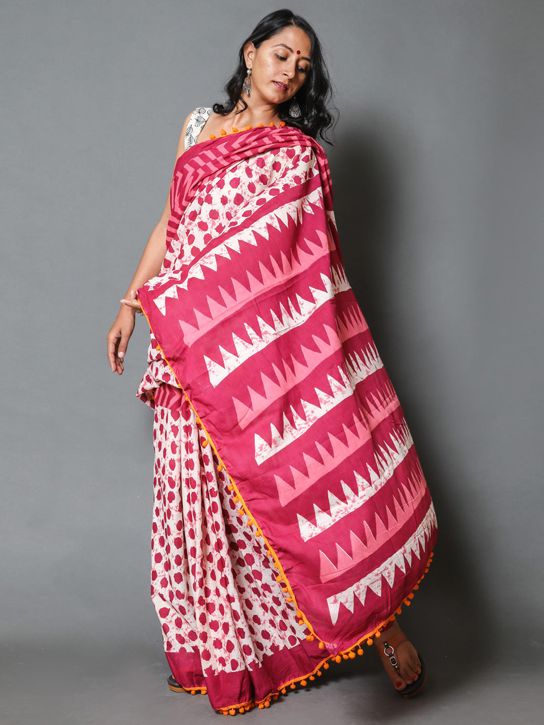 Buta Buti White & Pink Floral Pure Cotton Fusion Saree